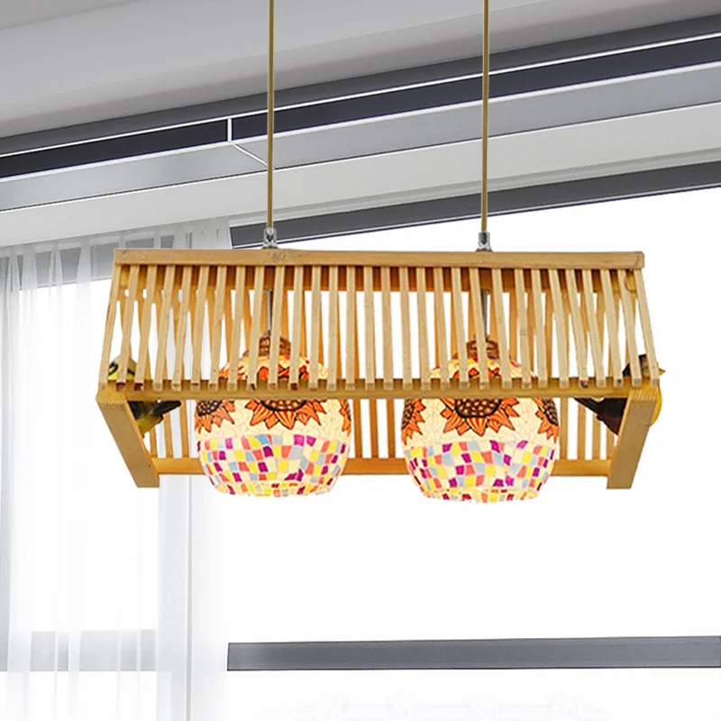 Dakvormige hangende hanglamp moderne stijl hout 1/2-kops beige hanglamp, 16"/19,5" W Clearhalo