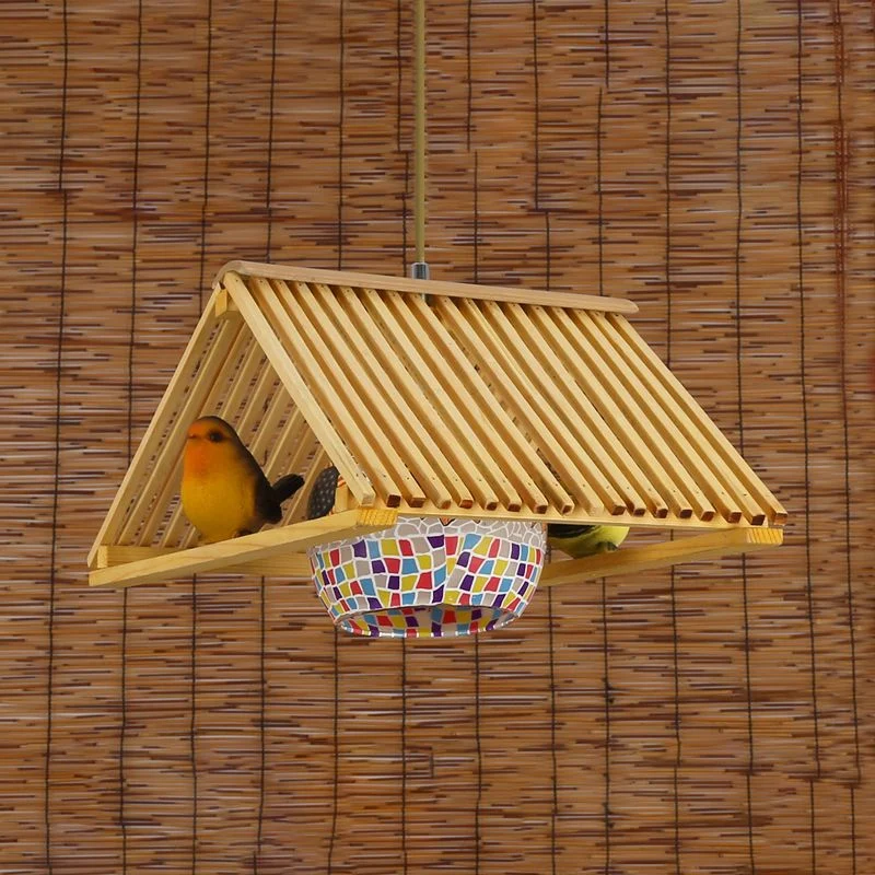 Dakvormige hangende hanglamp moderne stijl hout 1/2-kops beige hanglamp, 16"/19,5" W Clearhalo
