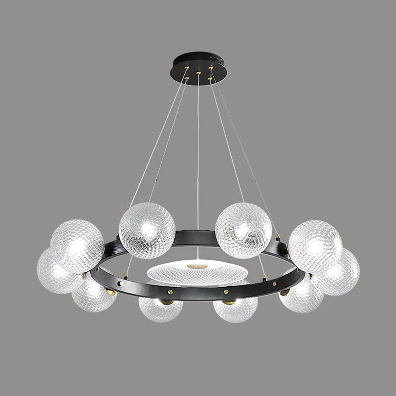 Designer bolvormige hangende kroonluchter helder roosterglas restaurant hanglamp zwart Clearhalo