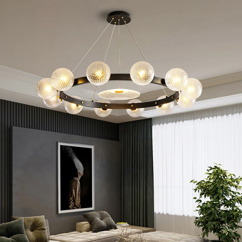 Designer bolvormige hangende kroonluchter helder roosterglas restaurant hanglamp zwart Clearhalo