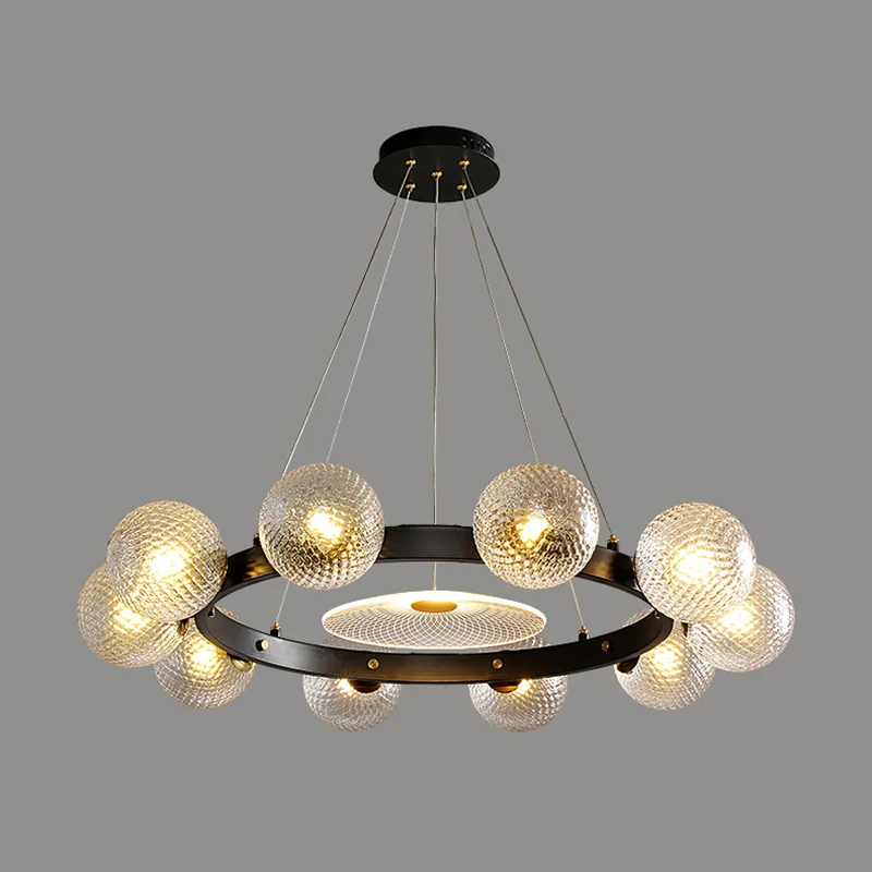 Designer bolvormige hangende kroonluchter helder roosterglas restaurant hanglamp zwart Clearhalo