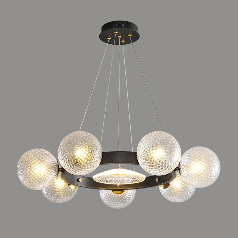 Designer bolvormige hangende kroonluchter helder roosterglas restaurant hanglamp zwart Clearhalo