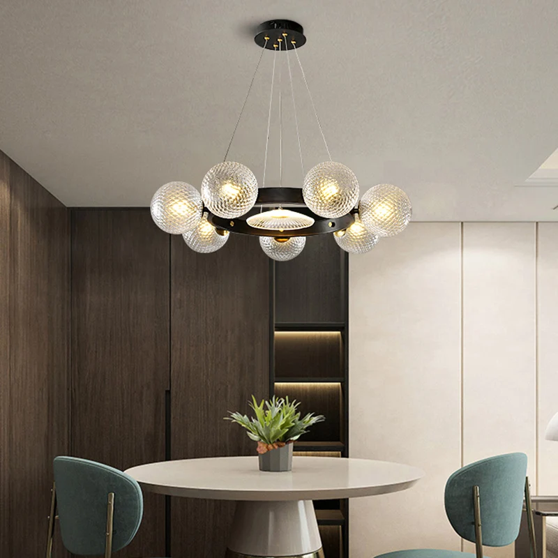 Designer bolvormige hangende kroonluchter helder roosterglas restaurant hanglamp zwart Clearhalo