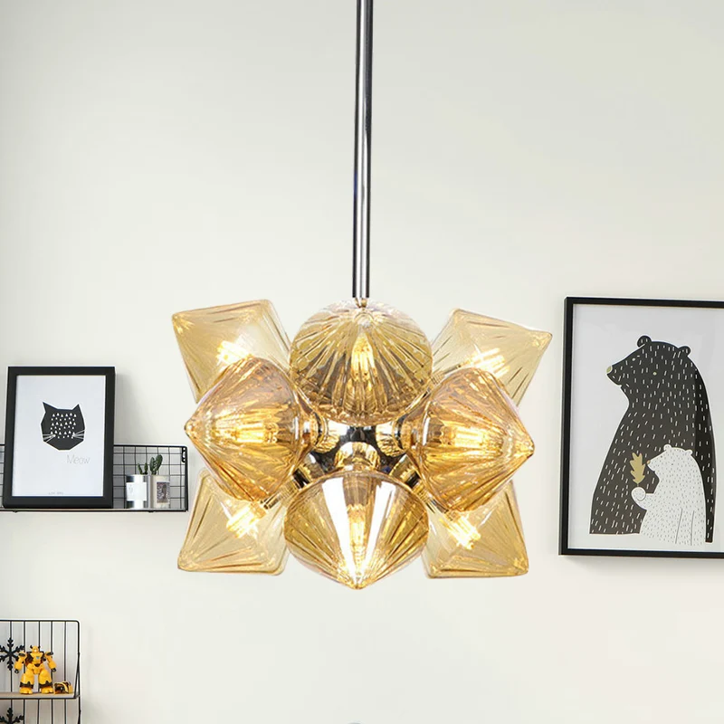 Diamanten hangende kroonluchter modernisme amberglas 9/12 koppen plafondhanglamp chroom Clearhalo