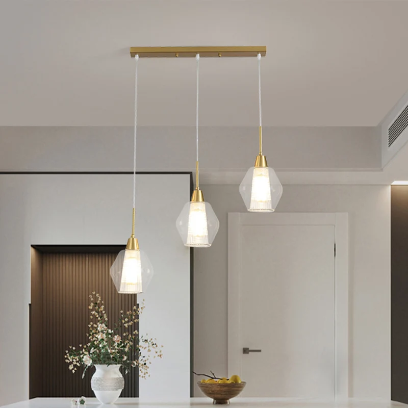 Diamanten plafondhandlamp met dubbele kap, moderne helderglazen hanglamp met 3 lampen, gouden ronde/lineaire luifelcluster...