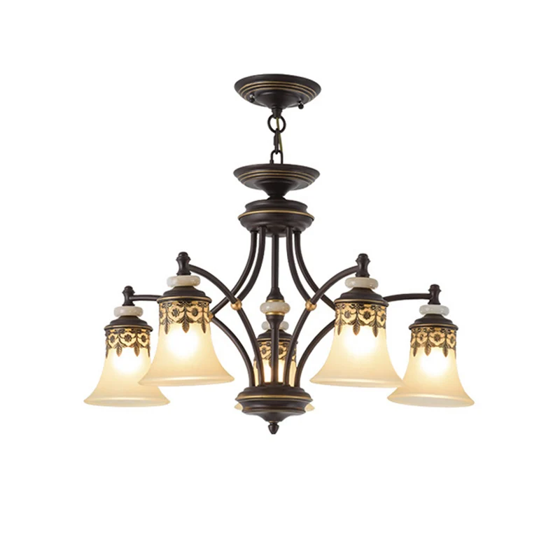 Diepbruine bel-hangerverlichting Traditioneel matglas 3/5/6-lichts woonkamerkroonluchter Clearhalo
