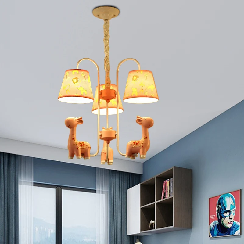 Dierengiraffe kroonluchterlamp met stoffen kap Metaal 3 koppen Hanglamp voor de kleuterschool Clearhalo