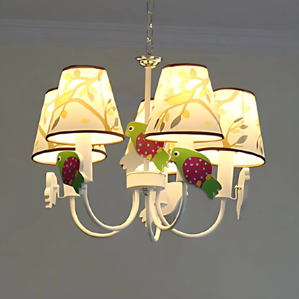Dierlijke taps toelopende schaduw hanglamp met vogel 5 lichts stoffen hangende kroonluchter wit voor woonkamer Clearhalo
