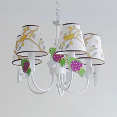 Dierlijke taps toelopende schaduw hanglamp met vogel 5 lichts stoffen hangende kroonluchter wit voor woonkamer Clearhalo
