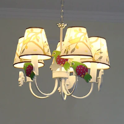 Dierlijke taps toelopende schaduw hanglamp met vogel 5 lichts stoffen hangende kroonluchter wit voor woonkamer Clearhalo