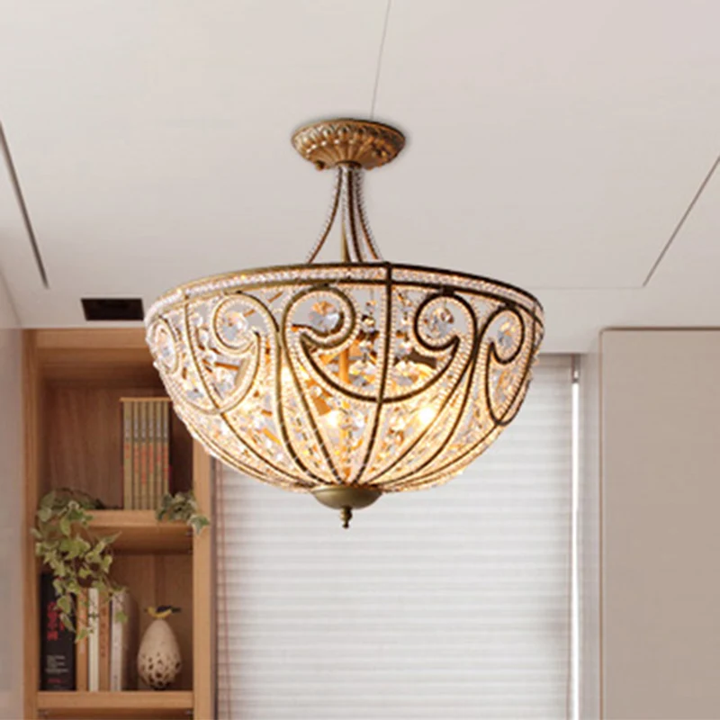 Dome Crystal Bead Semi Flush Vintage 5 lampen Woonkamer Flush plafondlamp goud Clearhalo