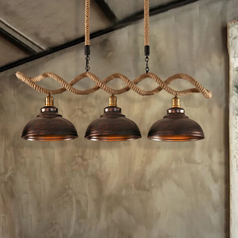 Dome hanglamp keukeneiland industrieel metaal en touw 3-lichts roestkleurige hanglampenset Clearhalo