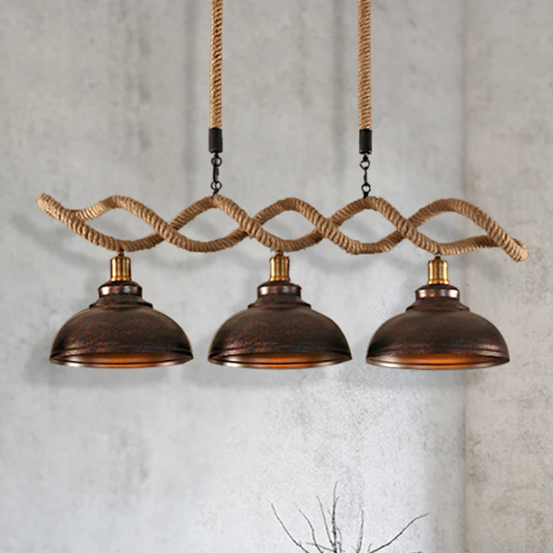 Dome hanglamp keukeneiland industrieel metaal en touw 3-lichts roestkleurige hanglampenset Clearhalo