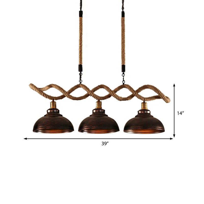Dome hanglamp keukeneiland industrieel metaal en touw 3-lichts roestkleurige hanglampenset Clearhalo