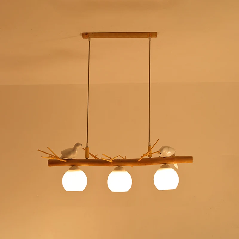 Dome Island-lamp Moderne crèmekleurige glazen houten hanglamp met witte vogeldeco Clearhalo