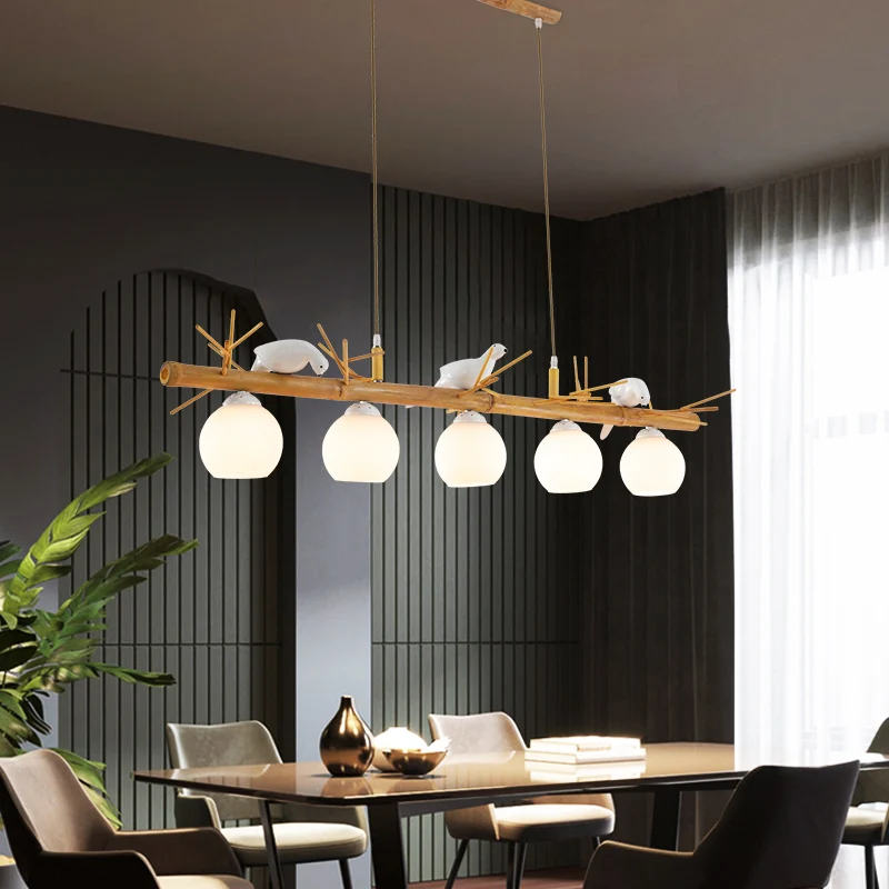 Dome Island-lamp Moderne crèmekleurige glazen houten hanglamp met witte vogeldeco Clearhalo