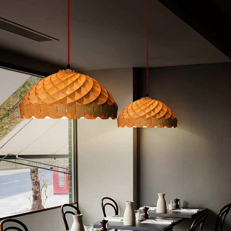 Dome Restaurant Hanglamp van hout, 1-lichts Aziatische LED-hanglamp met handgeweven ontwerp Clearhalo