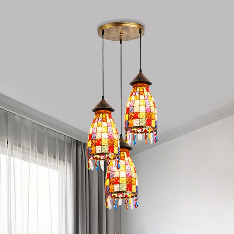 Dome Shade Bar Multi Light Hanglamp Vintage Metaal 3 Kops Zwarte Plafondlamp met Lineaire/Ronde Luifel Clearhalo