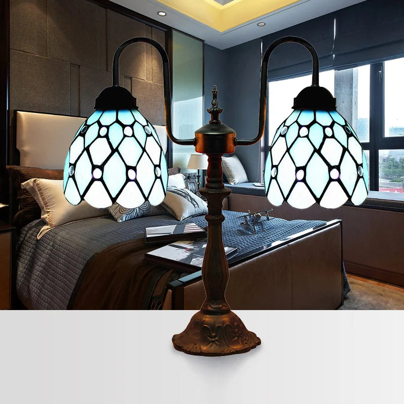 Dome tafellamp industriële vintage glas--lood 2-lichts accent tafellamp blauw voor nachtkastje Clearhalo