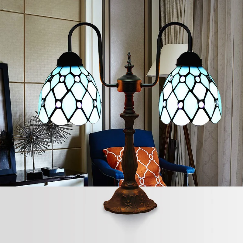 Dome tafellamp industriële vintage glas--lood 2-lichts accent tafellamp blauw voor nachtkastje Clearhalo