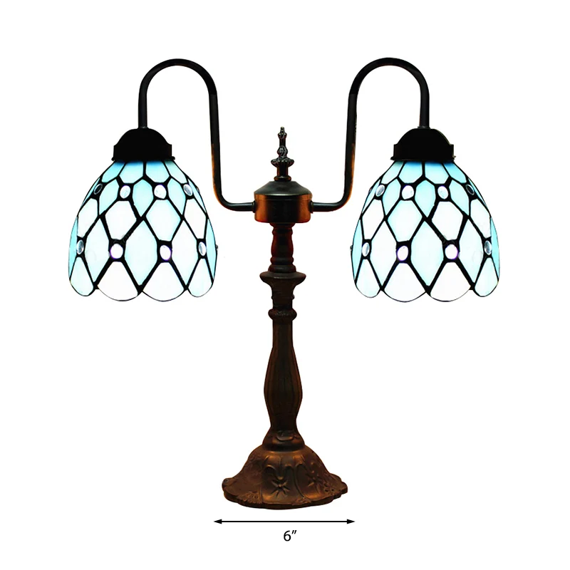 Dome tafellamp industriële vintage glas--lood 2-lichts accent tafellamp blauw voor nachtkastje Clearhalo