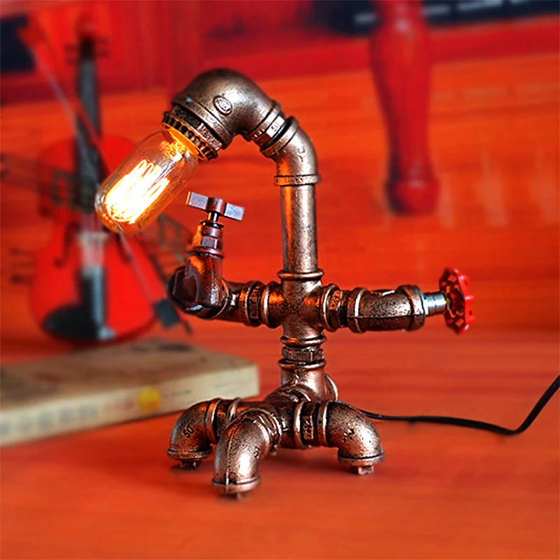 Donker roest Pipe Man tafelverlichting met open lamp boerderij smeedijzeren 1 lichte slaapkamer tafellamp Clearhalo