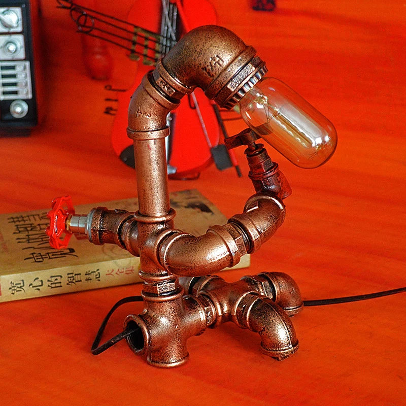 Donker roest Pipe Man tafelverlichting met open lamp boerderij smeedijzeren 1 lichte slaapkamer tafellamp Clearhalo