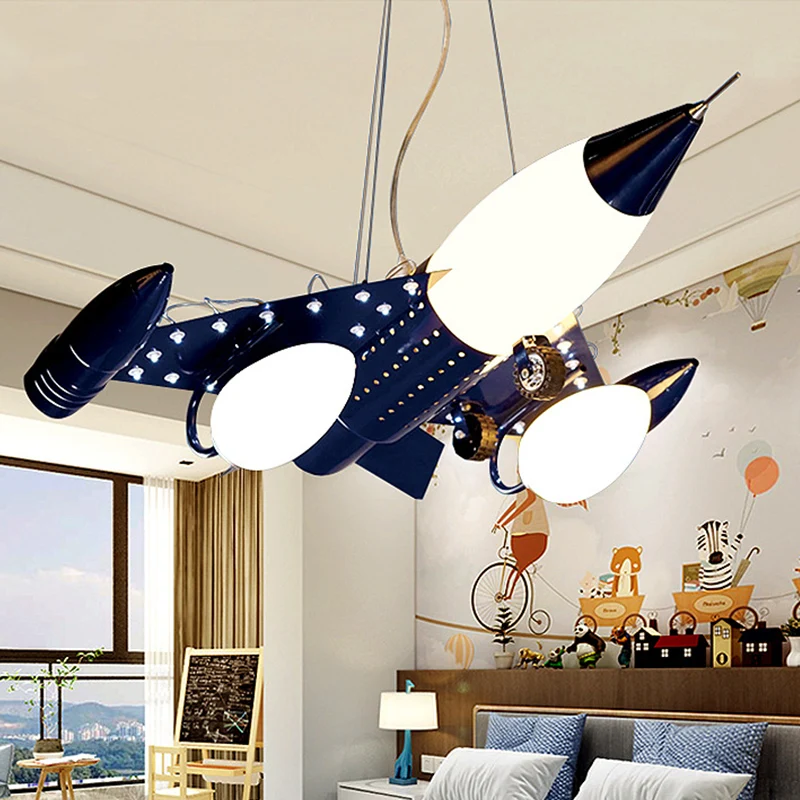 Donkerblauw vliegtuig drop hanger cartoon 3 hoofden opaal glazen kroonluchter verlichting voor jongenskamer Clearhalo