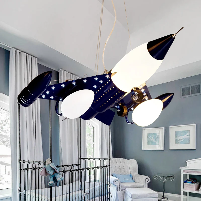 Donkerblauw vliegtuig drop hanger cartoon 3 hoofden opaal glazen kroonluchter verlichting voor jongenskamer Clearhalo