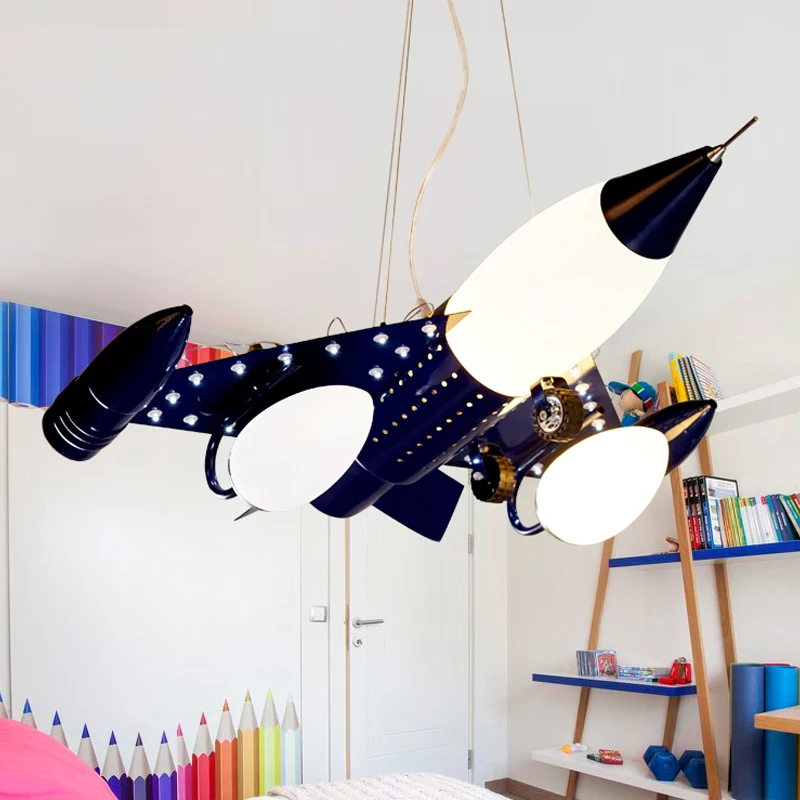 Donkerblauw vliegtuig drop hanger cartoon 3 hoofden opaal glazen kroonluchter verlichting voor jongenskamer Clearhalo