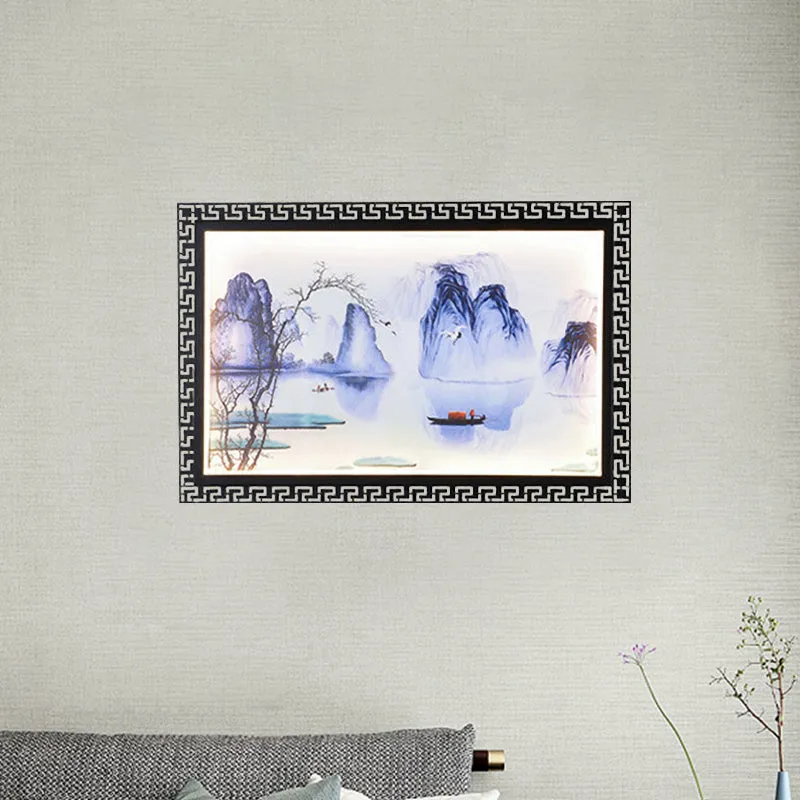 Donkerblauwe bergscène muurschildering verlichting Azië LED stoffen wandlamp voor familiekamer Clearhalo