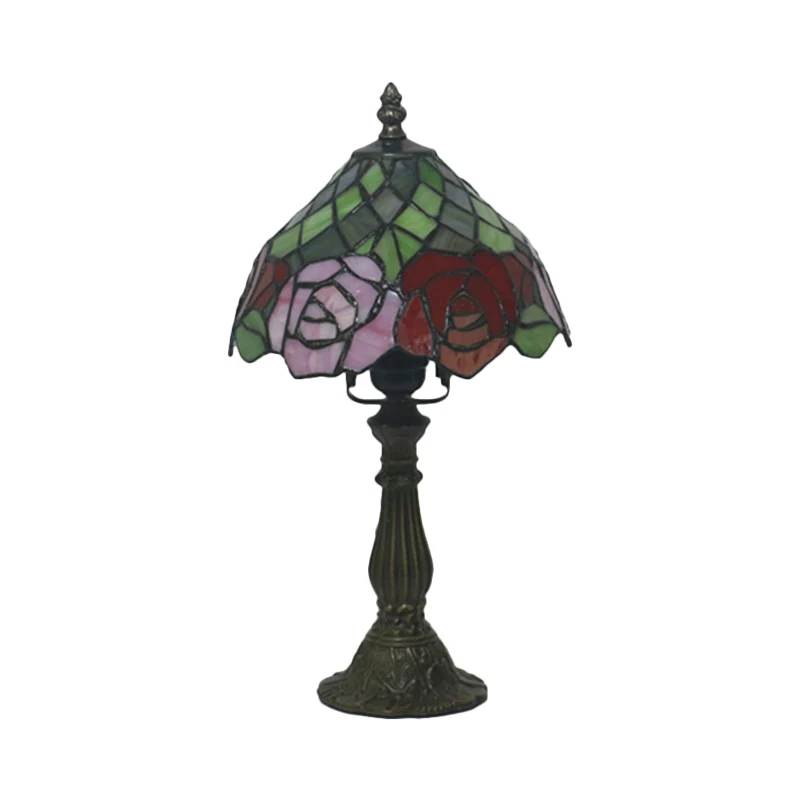 Donkere koffie 1 lamp Tafelverlichting Mediterraan glas--loodkom Nachtlampje met rozenpatroon Clearhalo