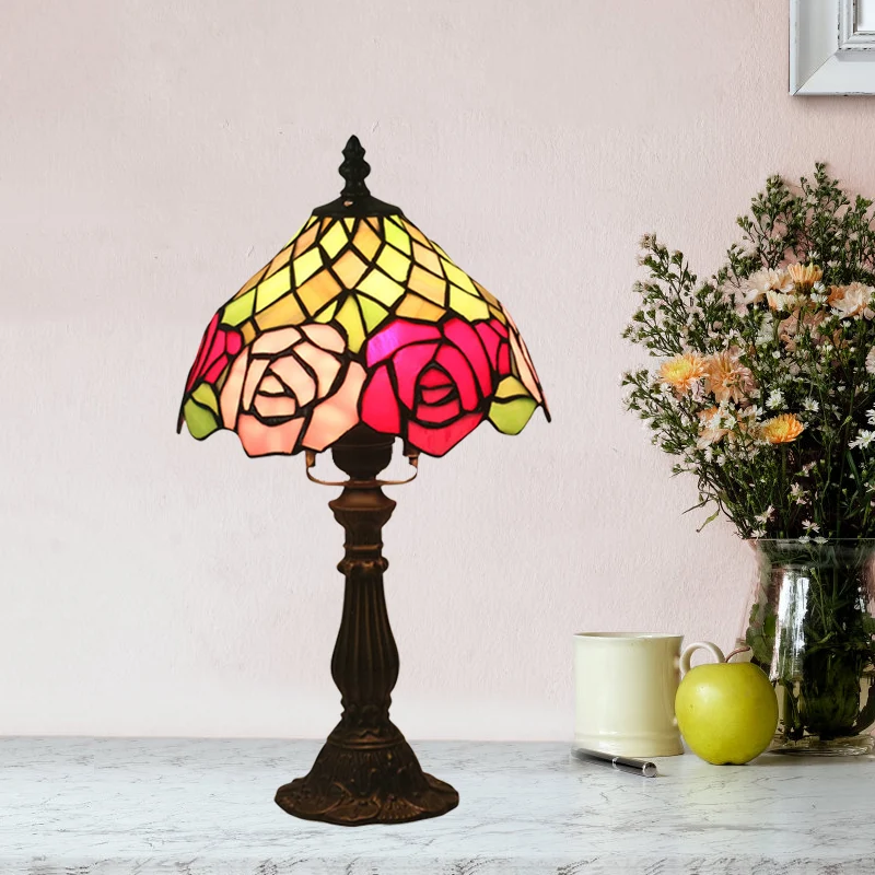 Donkere koffie 1 lamp Tafelverlichting Mediterraan glas--loodkom Nachtlampje met rozenpatroon Clearhalo