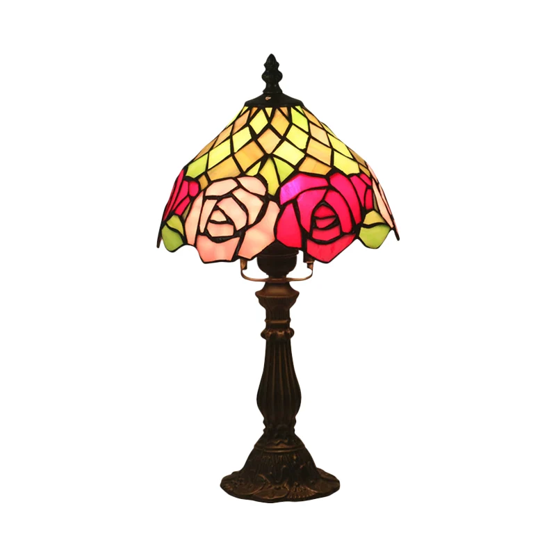 Donkere koffie 1 lamp Tafelverlichting Mediterraan glas--loodkom Nachtlampje met rozenpatroon Clearhalo