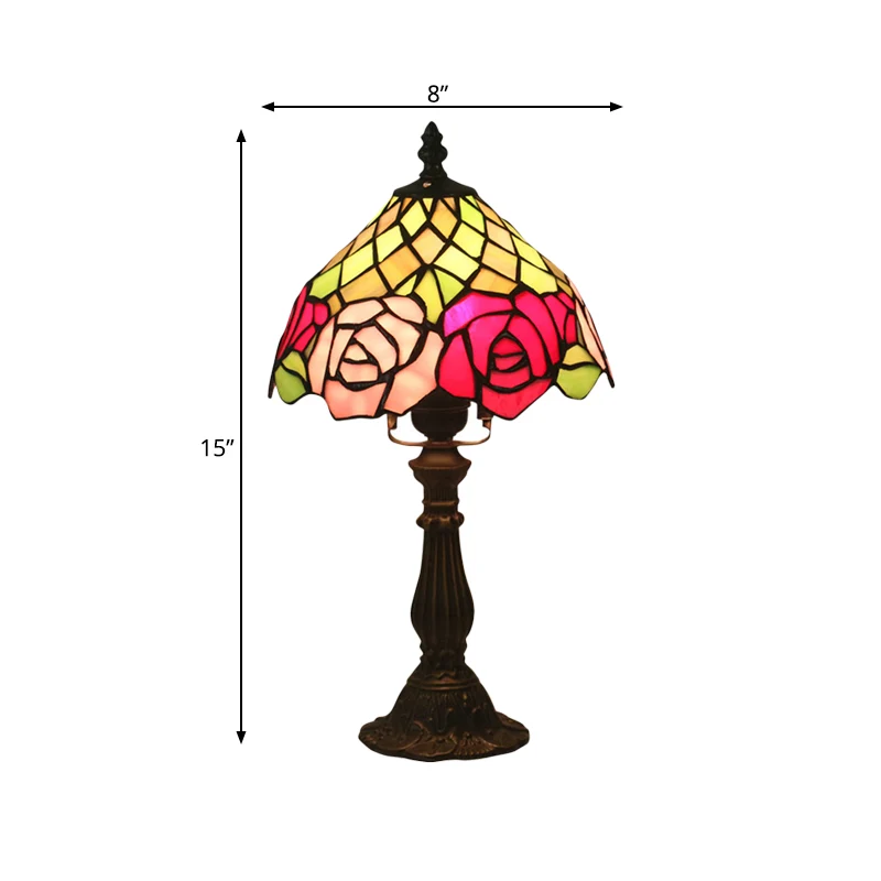 Donkere koffie 1 lamp Tafelverlichting Mediterraan glas--loodkom Nachtlampje met rozenpatroon Clearhalo
