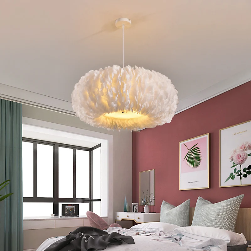 Donutvormige hanglamp, eenvoudige stijl veren slaapkamer plafondkroonluchter wit Clearhalo