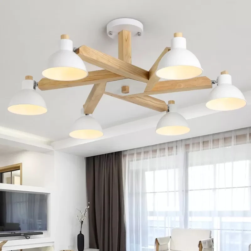 Draaibare houten plafondlamp 6-lichts moderne Scandinavische kroonluchter wit voor woonkamer Clearhalo