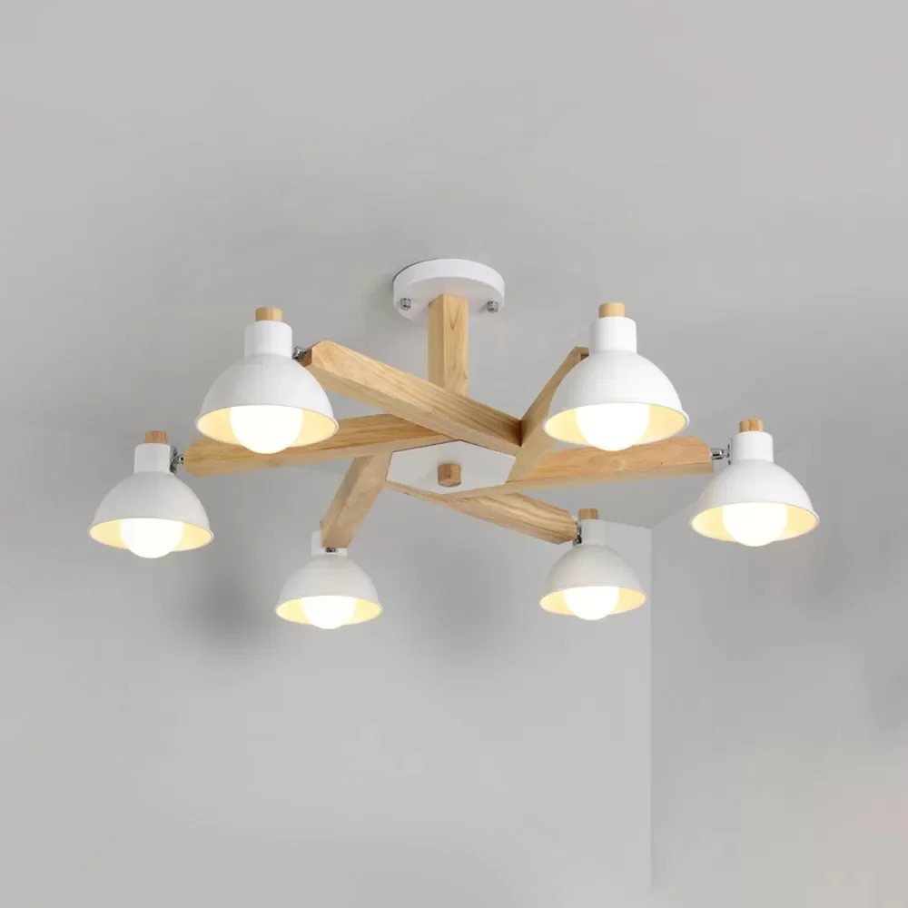 Draaibare houten plafondlamp 6-lichts moderne Scandinavische kroonluchter wit voor woonkamer Clearhalo