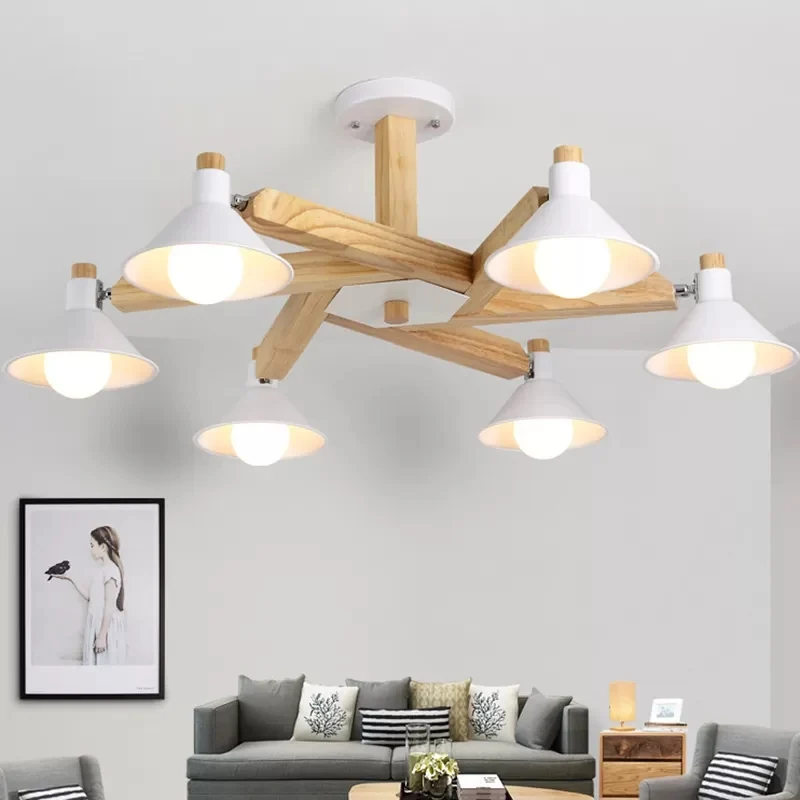 Draaibare houten plafondlamp 6-lichts moderne Scandinavische kroonluchter wit voor woonkamer Clearhalo