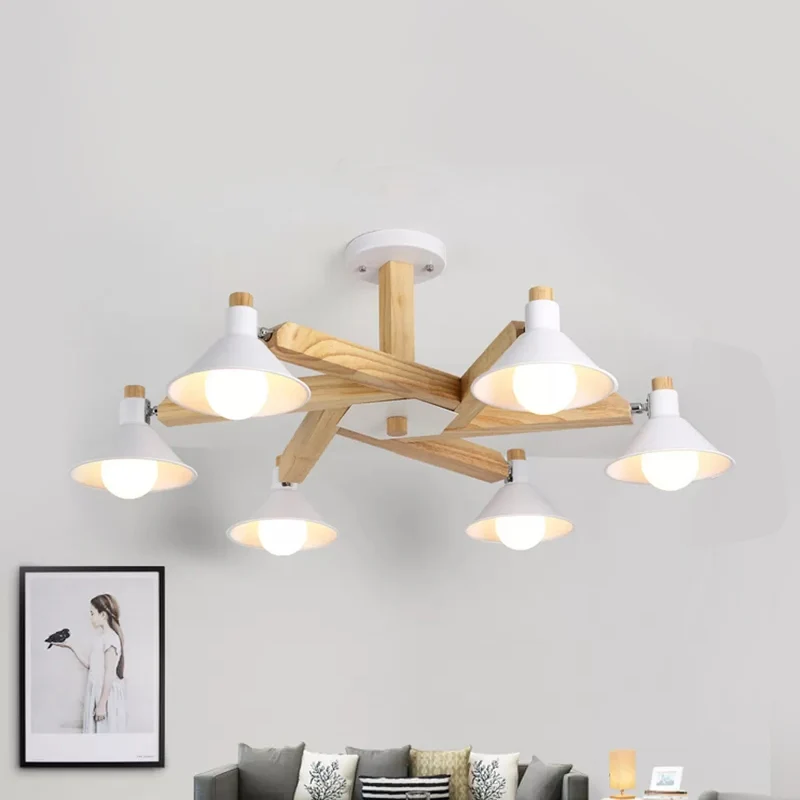 Draaibare houten plafondlamp 6-lichts moderne Scandinavische kroonluchter wit voor woonkamer Clearhalo