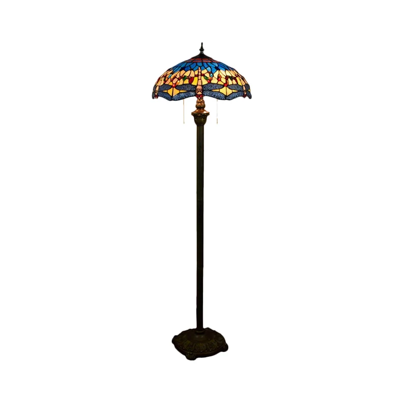 Dragonfly vloerlamp 2 koppen glas--lood mediterrane staande verlichting blauw met komvormige kap Clearhalo