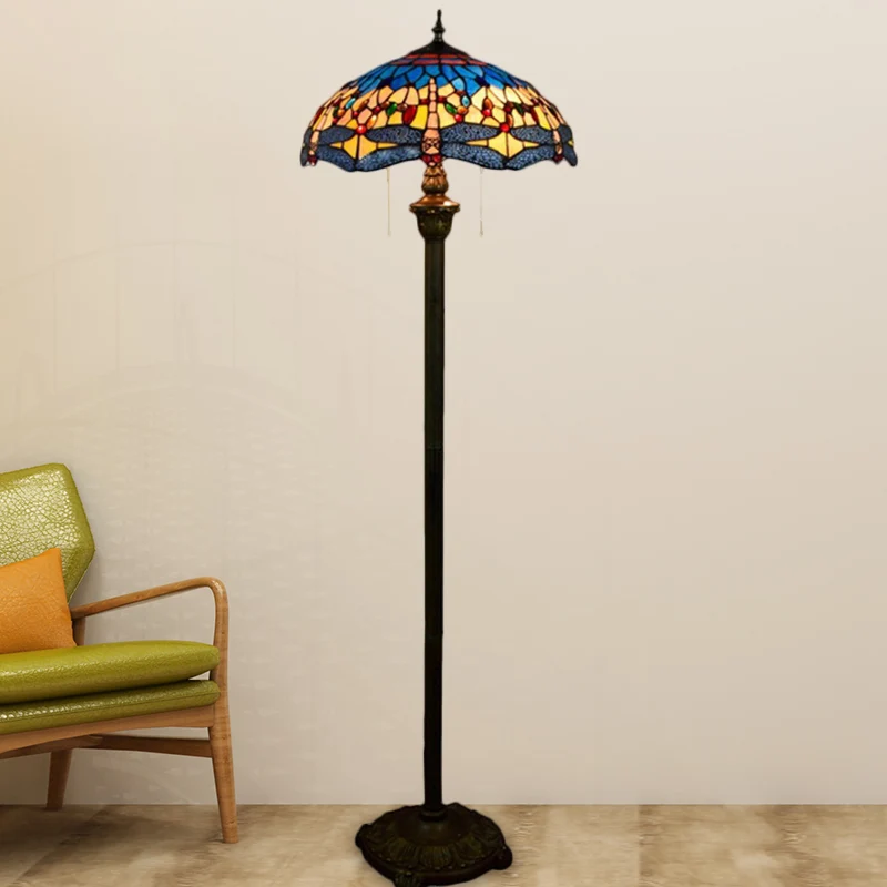Dragonfly vloerlamp 2 koppen glas--lood mediterrane staande verlichting blauw met komvormige kap Clearhalo