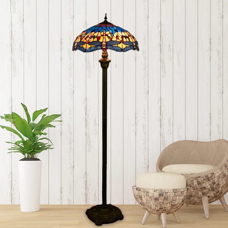 Dragonfly vloerlamp 2 koppen glas--lood mediterrane staande verlichting blauw met komvormige kap Clearhalo