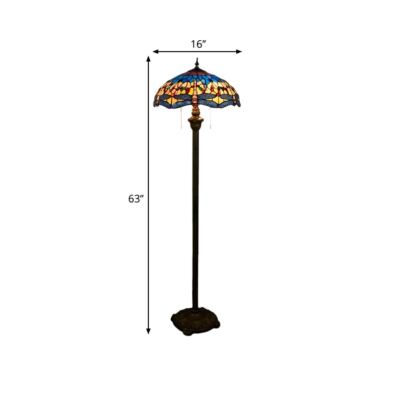Dragonfly vloerlamp 2 koppen glas--lood mediterrane staande verlichting blauw met komvormige kap Clearhalo