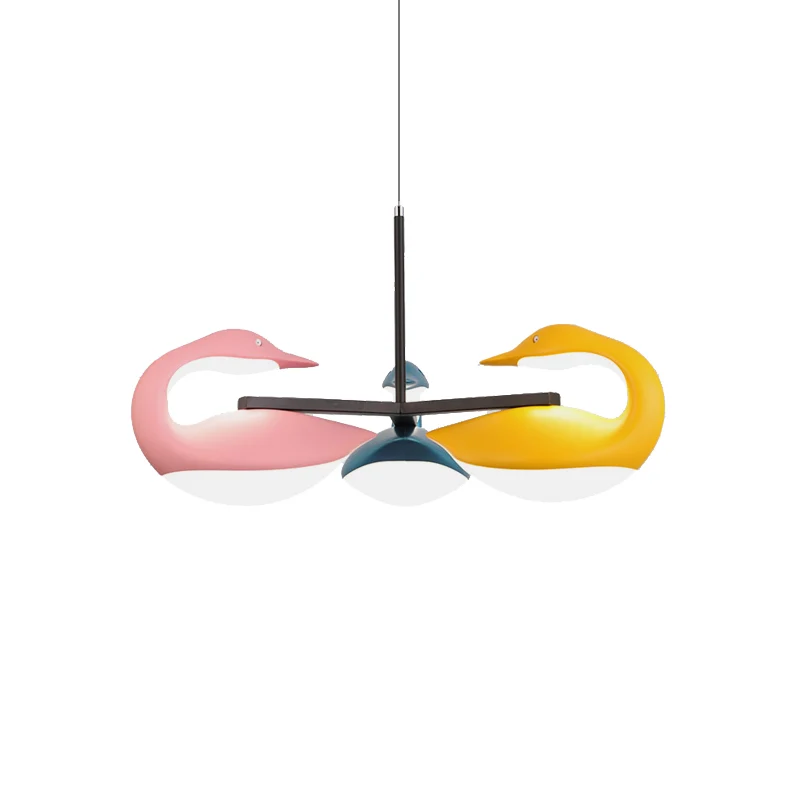 Drie-lichte zwaan LED-kroonluchter Scandinavische stijl acryl kleurrijke hanglamp voor kinderkamer, derde versnelling Clea...