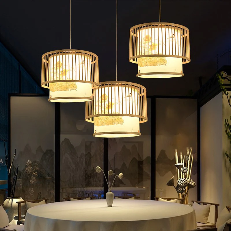 Drum Bamboo Hanglamp Aziatische 1-lichts beige plafondlamp met cilindrische bedrukte kap Clearhalo