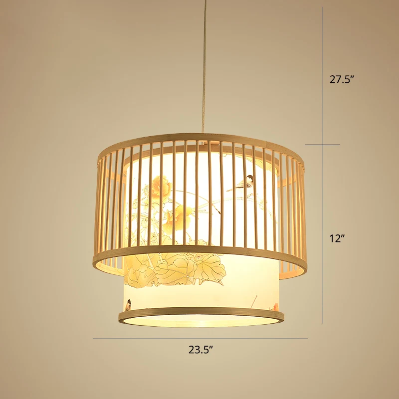 Drum Bamboo Hanglamp Aziatische 1-lichts beige plafondlamp met cilindrische bedrukte kap Clearhalo