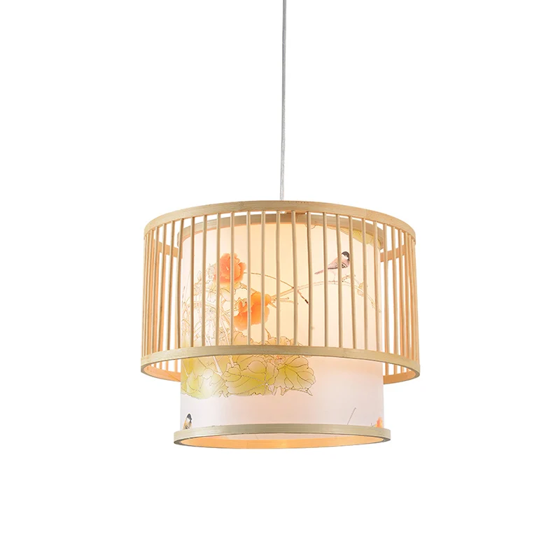Drum Bamboo Hanglamp Aziatische 1-lichts beige plafondlamp met cilindrische bedrukte kap Clearhalo