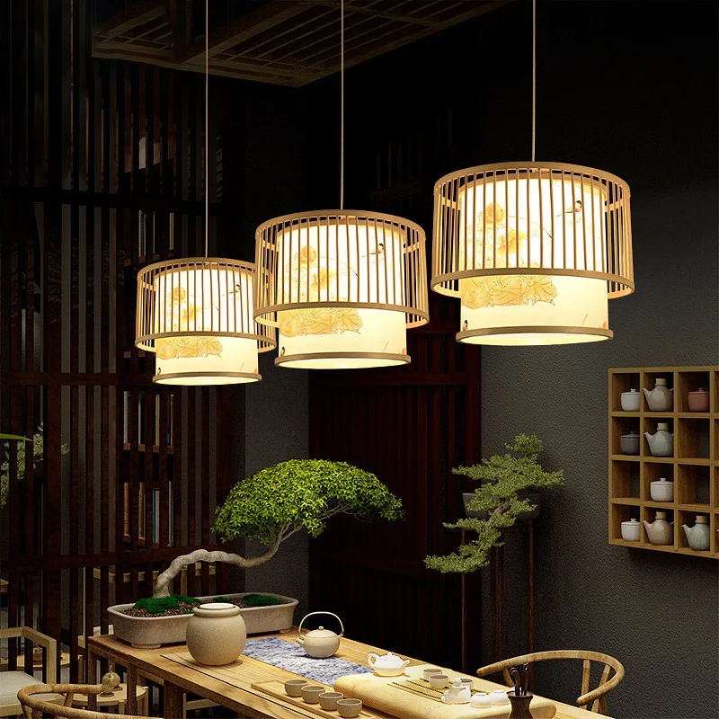 Drum Bamboo Hanglamp Aziatische 1-lichts beige plafondlamp met cilindrische bedrukte kap Clearhalo