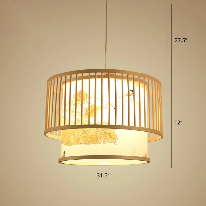 Drum Bamboo Hanglamp Aziatische 1-lichts beige plafondlamp met cilindrische bedrukte kap Clearhalo